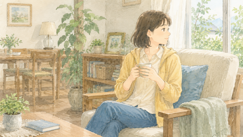 安全な場所へ戻り落ち着いている女性のイラスト