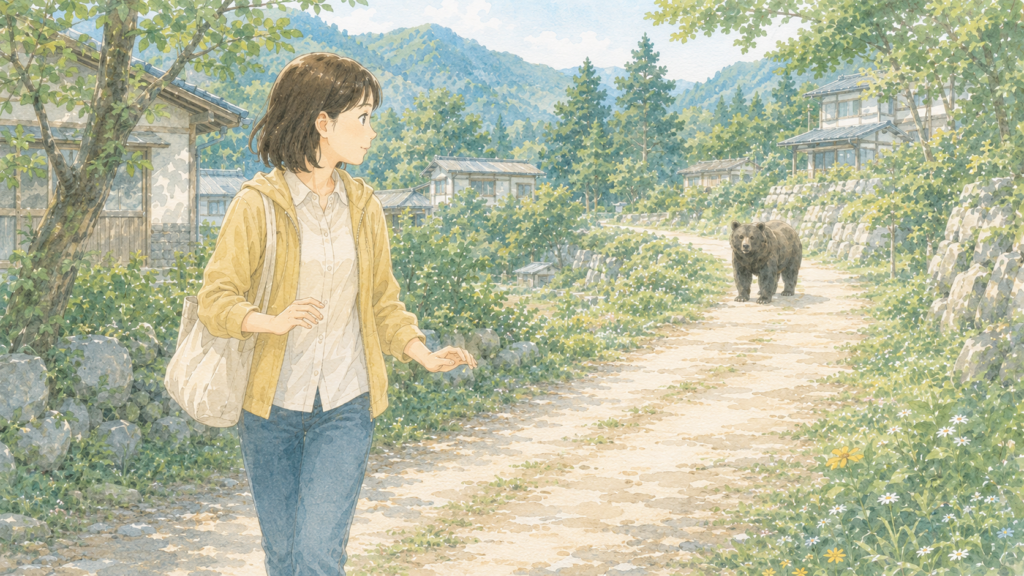 熊に背を向けず、静かに距離を取る女性のイラスト