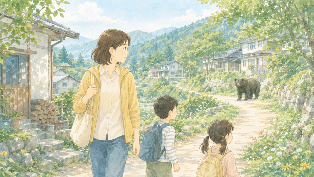 山あいの住宅地を歩く女性と家族のイラスト