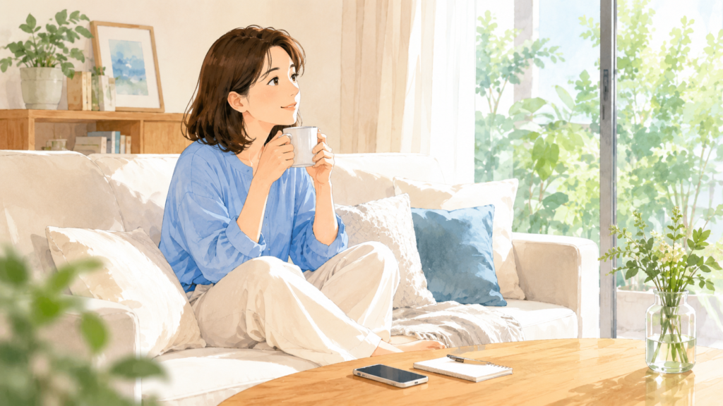クスする女性.png
連絡する相手を確認した後、明るい部屋で落ち着いて過ごす女性のイラスト