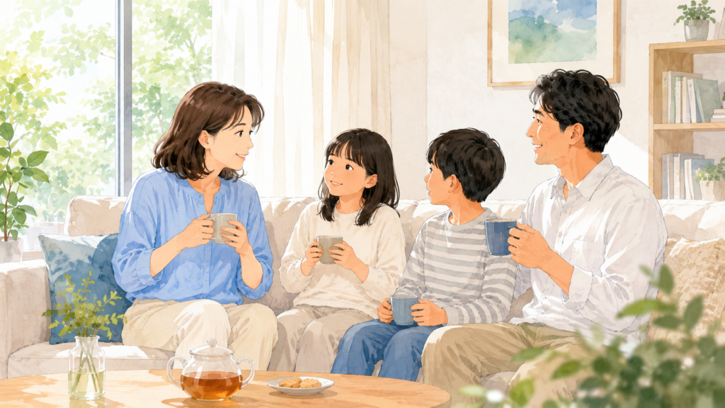 visual-v1.png
家族が日常の食卓で穏やかに話しているイラスト