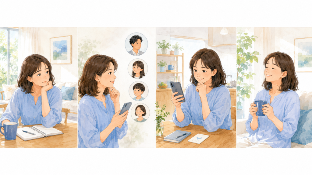 連絡する相手を考え、スマートフォンで確認し、安心するまでの4場面