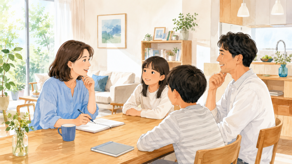 明るいリビングで家族が災害時の連絡について話し合うイラスト