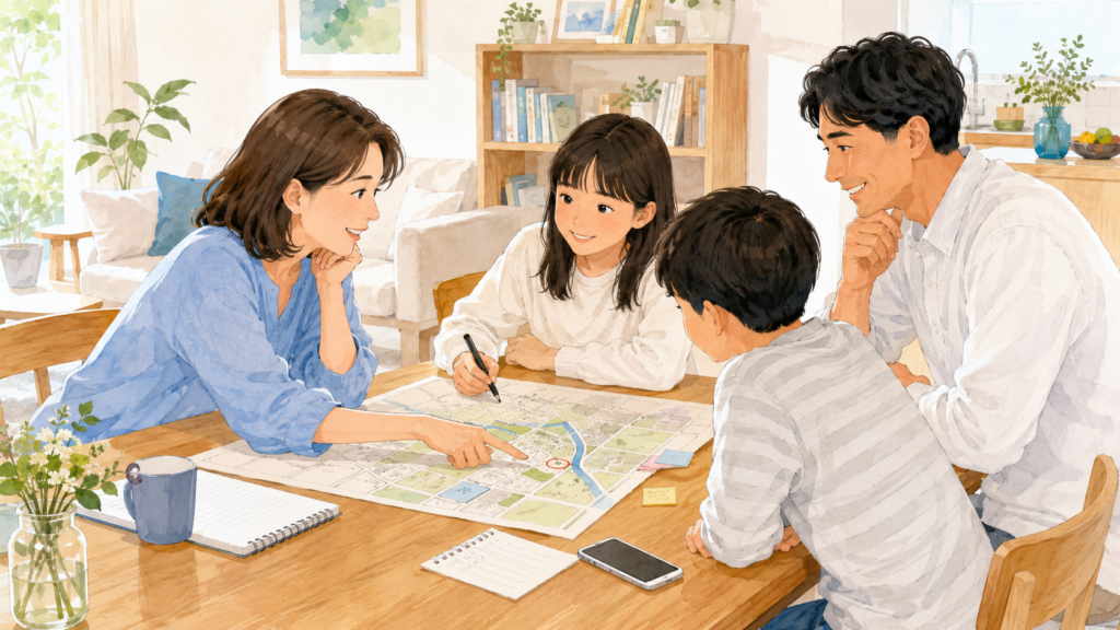 家族が地図やメモを囲み、集合場所や次の備えを確認するイラスト