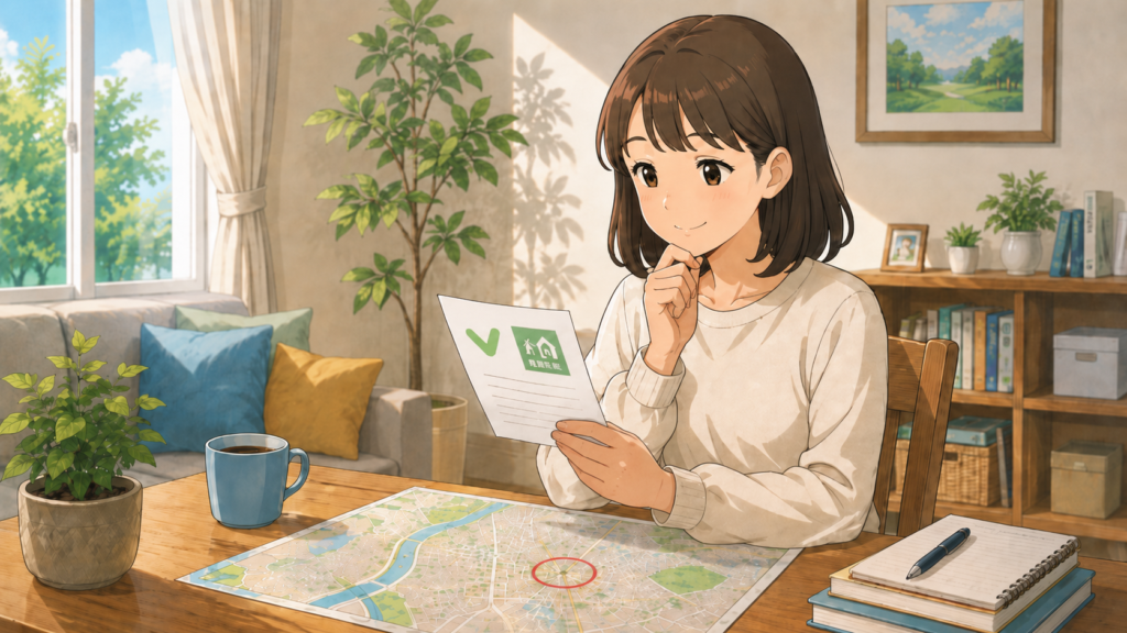 避難先を一か所確認し、安心した表情で過ごす女性のイラスト
