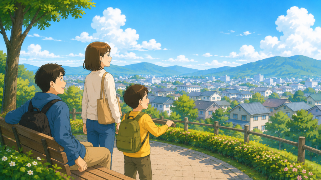 地域を見渡せる場所で、家族が穏やかに過ごすイラスト