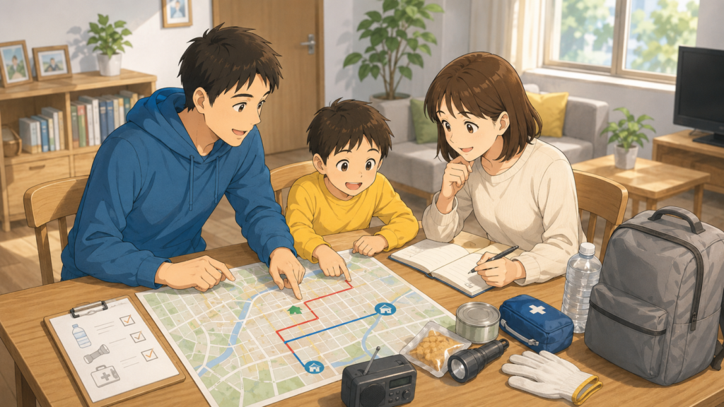 家族が地図やメモを囲み、避難経路や集合場所を確認するイラスト
