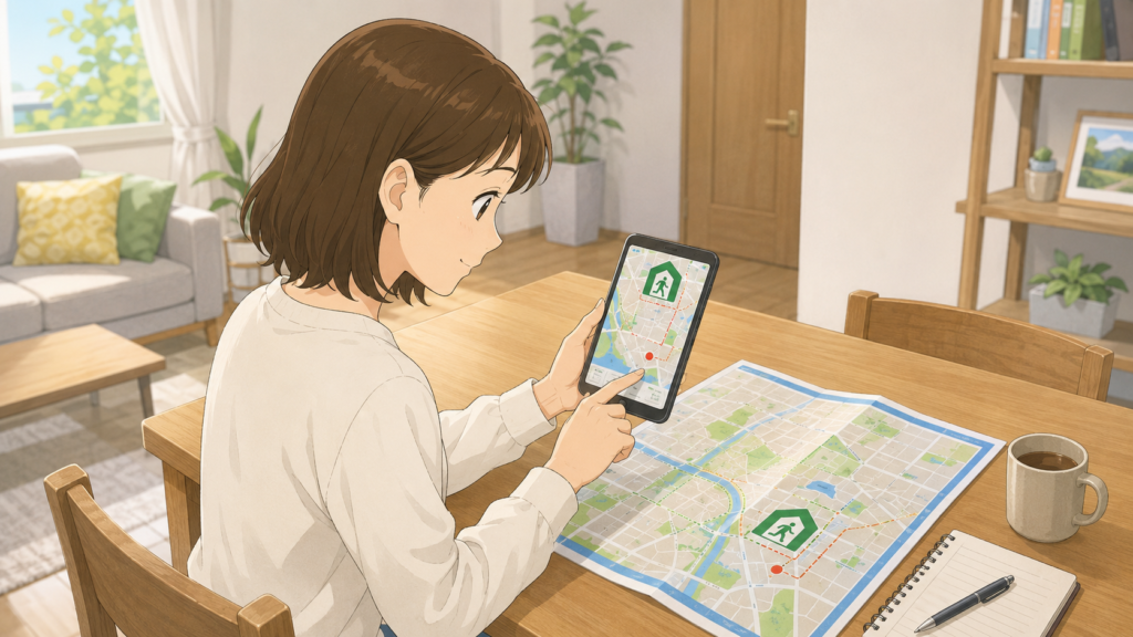 自治体の防災マップを見ながら避難先の場所を確認する女性のイラスト
