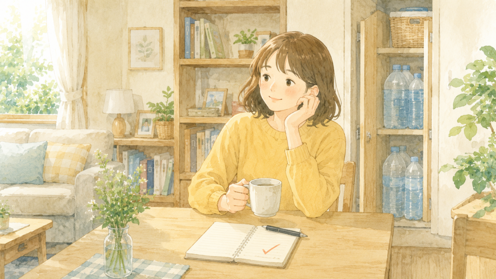 飲み水の場所を確認した後、部屋で落ち着いて過ごす女性のイラスト