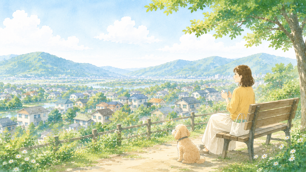 地域を見渡す高台のベンチで、女性と犬が穏やかに過ごすイラスト