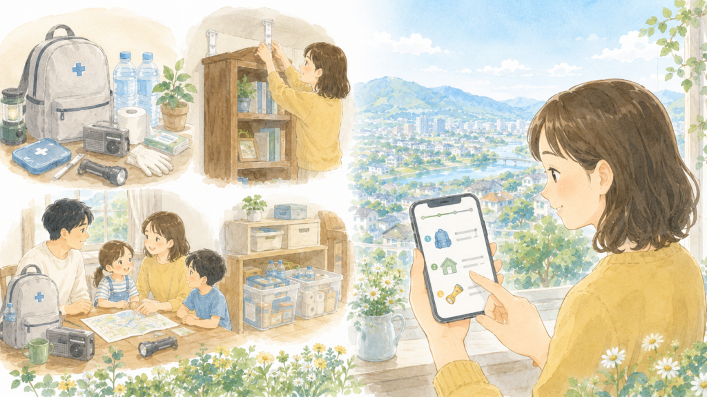 持ち出し袋や家具の安全確認、家族の話し合いと防災アプリを表したイラスト
