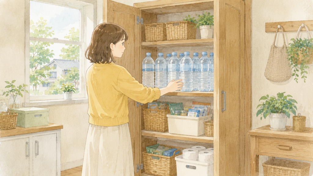 家の収納棚に置かれた飲み水を確認する女性のイラスト